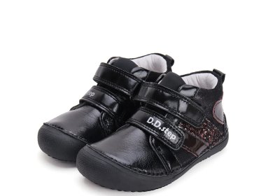 DD Step skórzane czarne błyszczące buty dla dzieci Barefoot