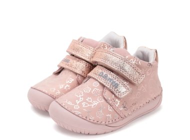 DD Step skórzane pudrowe buty Barefoot w kwiatuszki